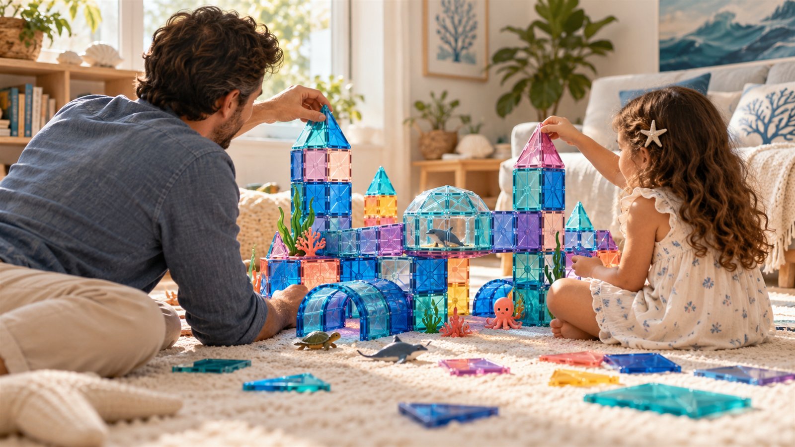A father and daughter building an underwater world together with colorful magnetic tiles