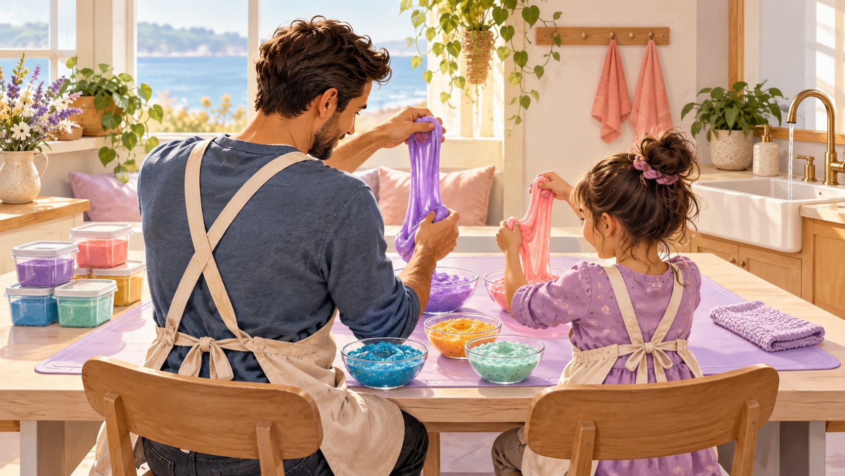 A father and daughter making colorful slime together on a washable craft mat beside sealed containers and a sink
