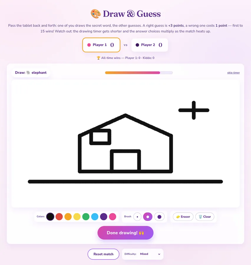 A house and sun sketched mid-turn, round timer part way down.