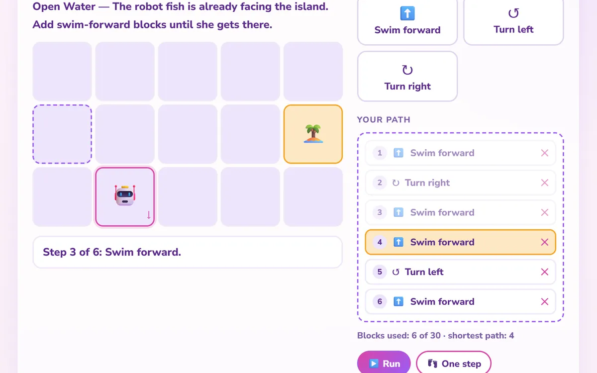 A six-block program mid-run, robot fish crossing toward the island.