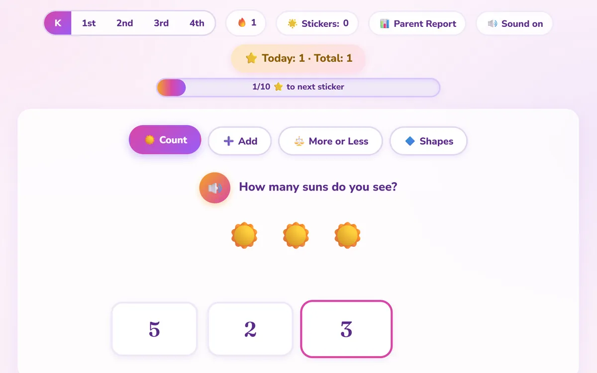 Three suns to count, with answer choices five, two and three.