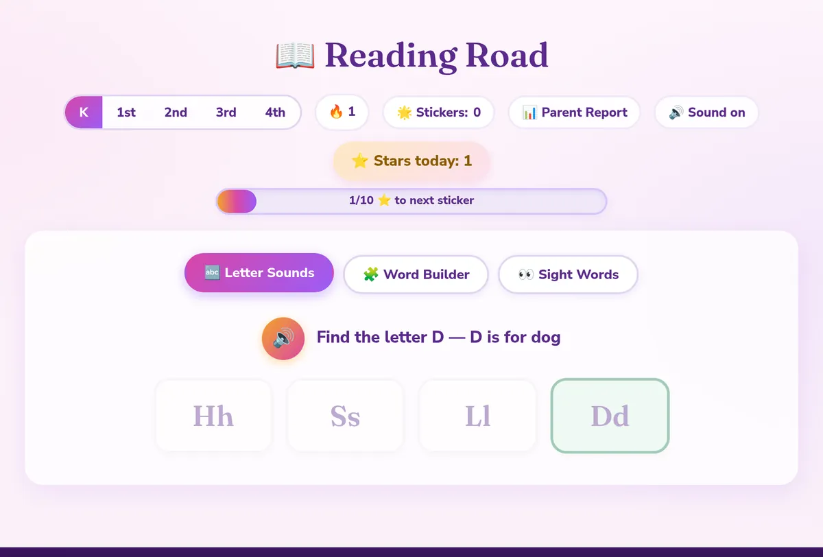 Find the letter D prompt above four letter choices, one star earned.