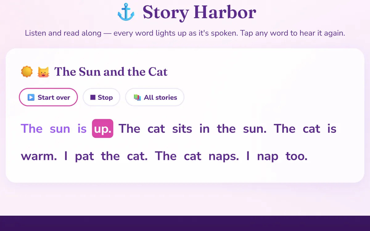 The Sun and the Cat text with the narrated word highlighted.