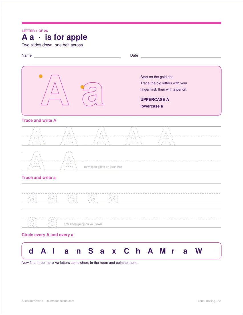 The A a sheet with start dots and ruled trace-and-write rows.
