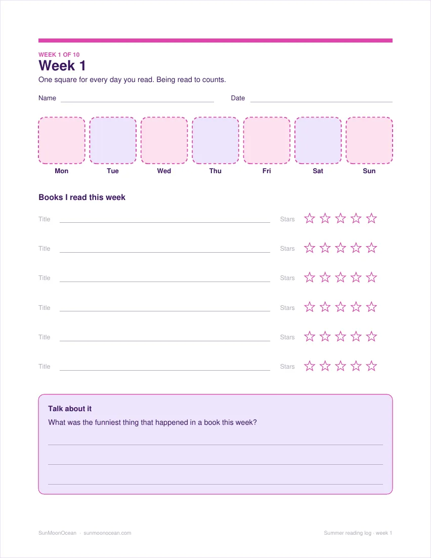 The Week 1 sheet with sticker squares and book log lines.