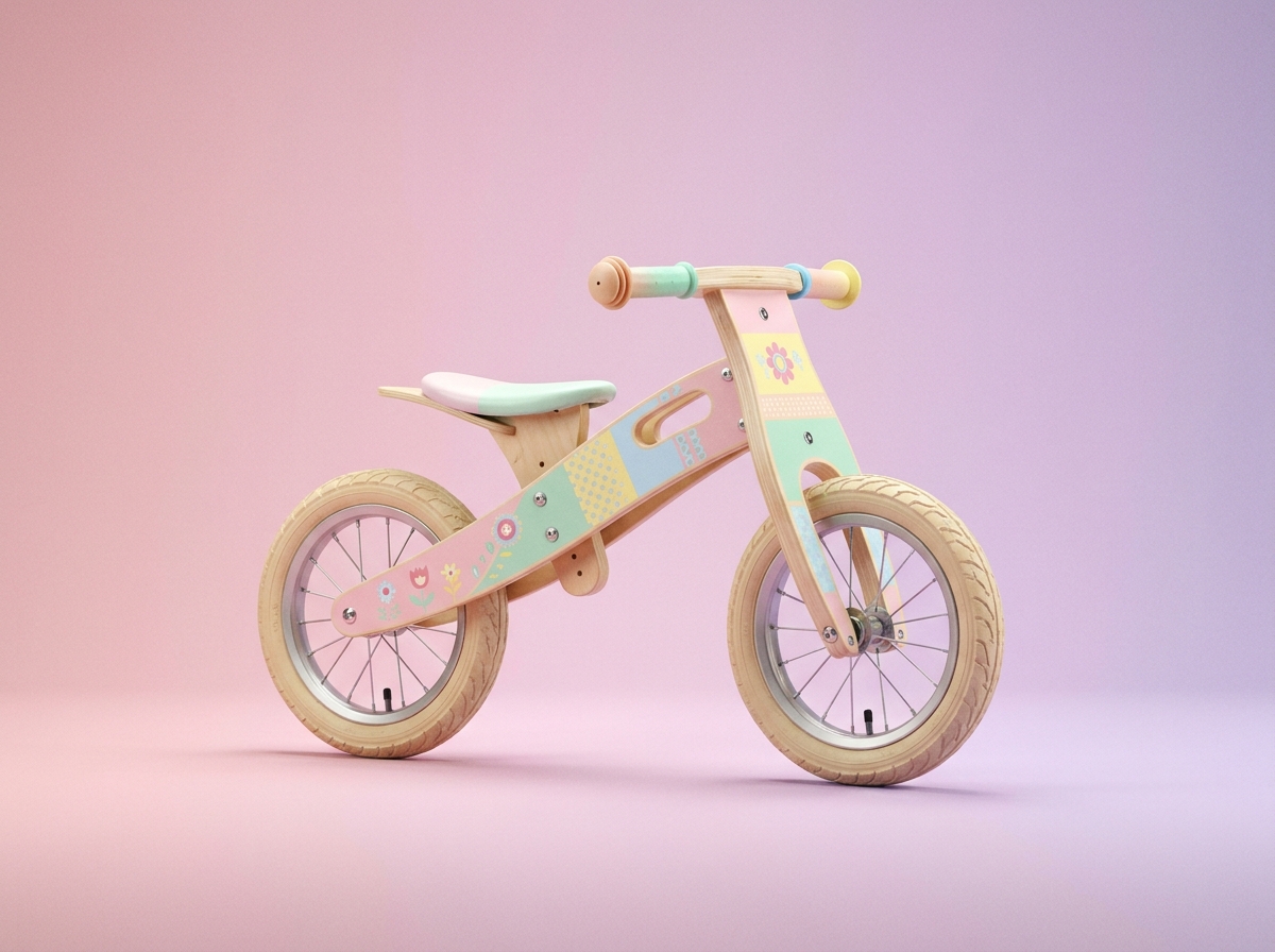 Child riding a Strider balance bike with feet up, coasting