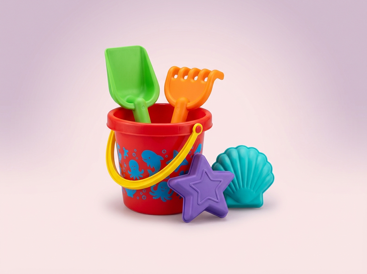 Beach sand toy set with buckets, shovels, molds and mesh carry bag