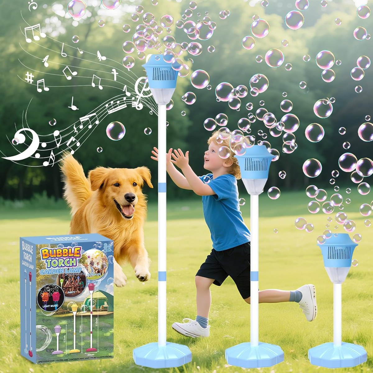 Automatic bubble machine filling a backyard with bubbles