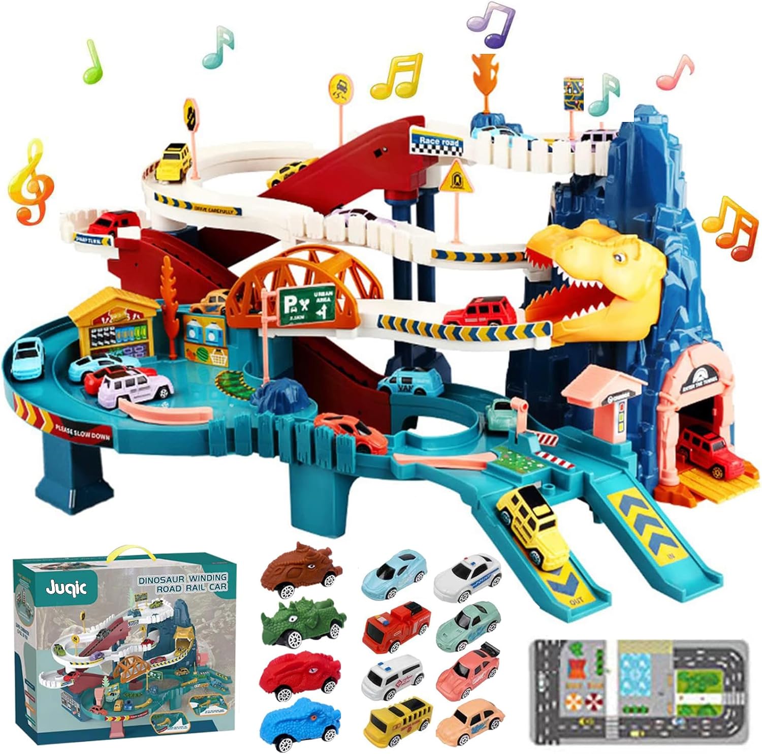 Colorful dinosaur climbing car ramp with toy cars rolling down the track