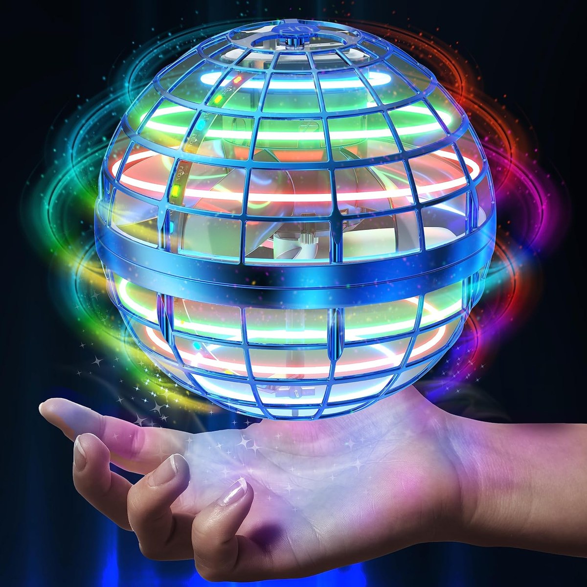 LED flying orb hovering and spinning in mid-air