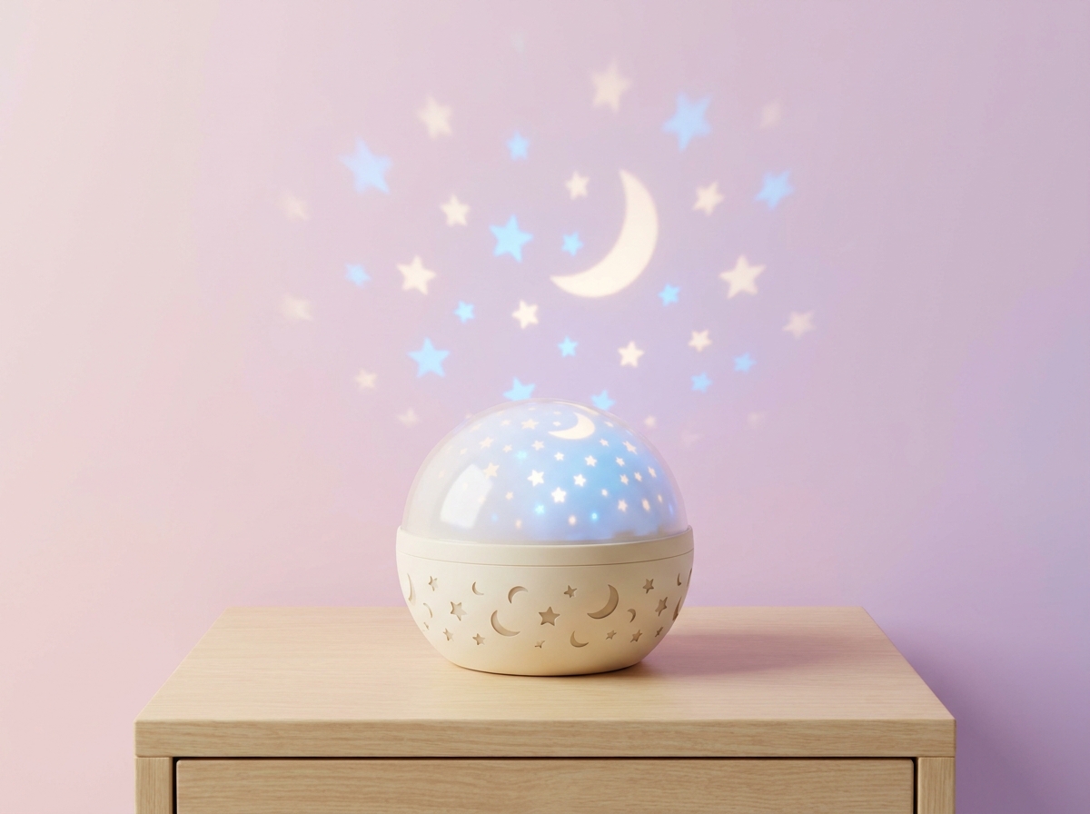 Galaxy star projector casting stars across a bedroom ceiling