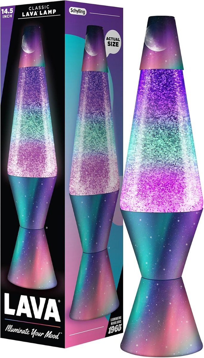 Lava motion lamp glowing on a bedroom shelf