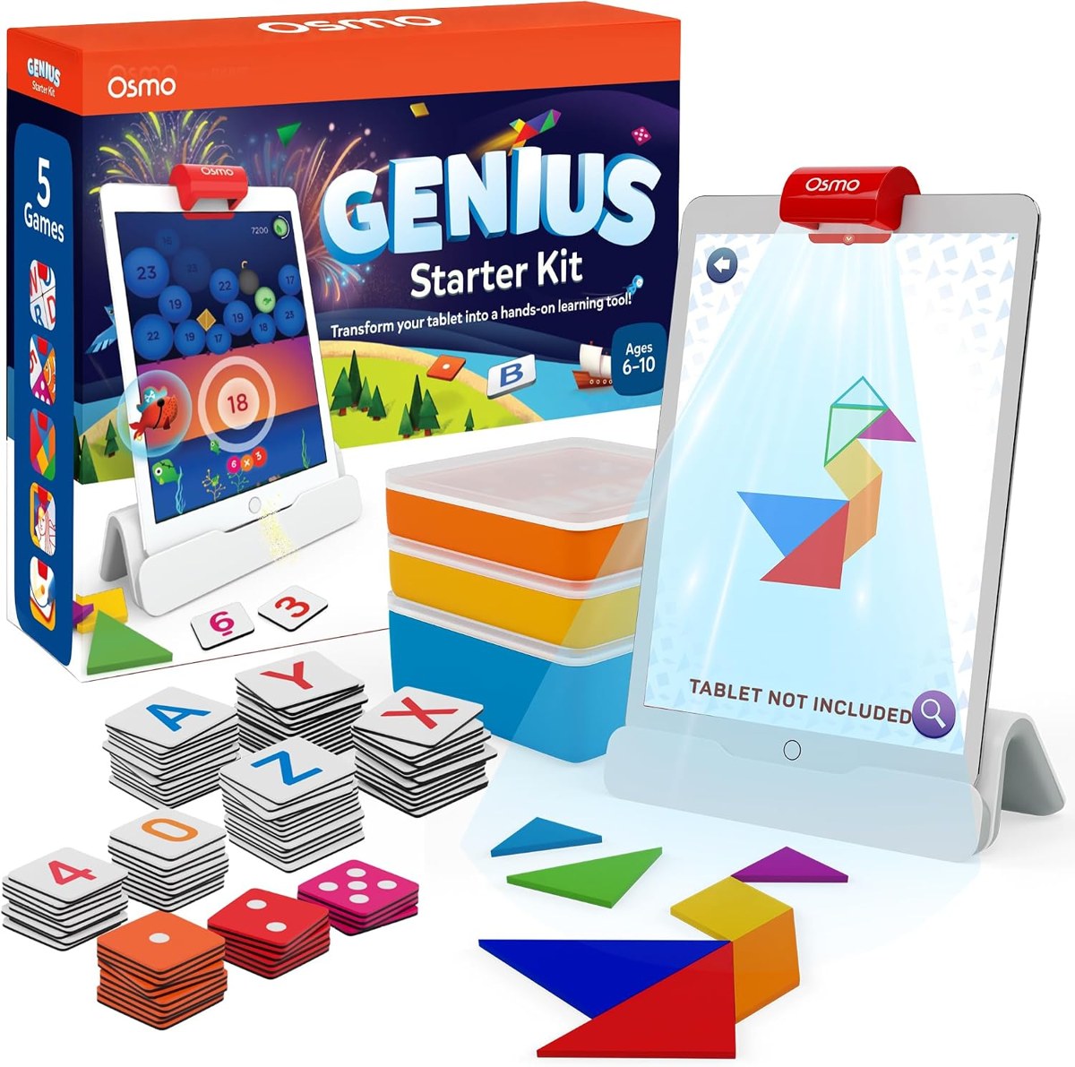 Osmo Genius tangible pieces arranged in front of a tablet screen