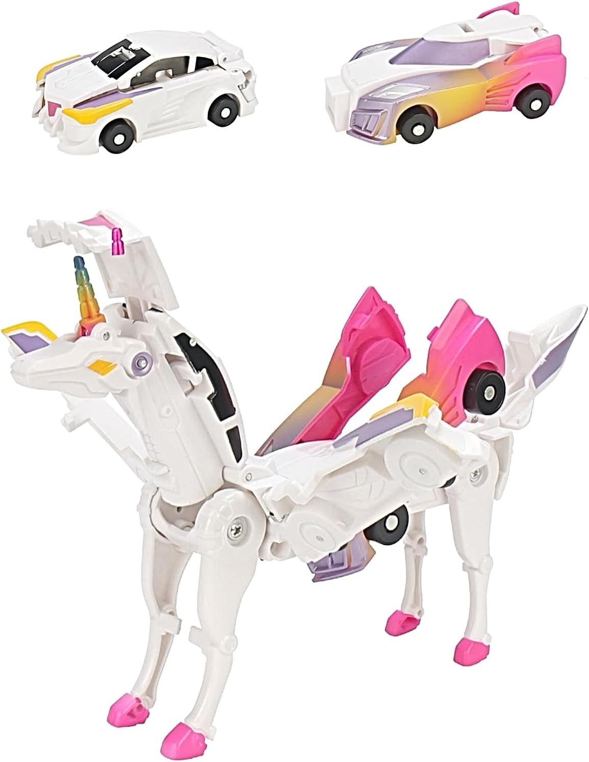 Unicorn transforming car toy mid-transformation with lights